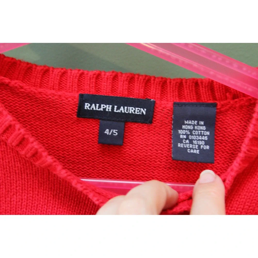 Vintage Ralph Lauren Kids Red Cotton Nautical‎ Bear Knit Sweater Size 4/5